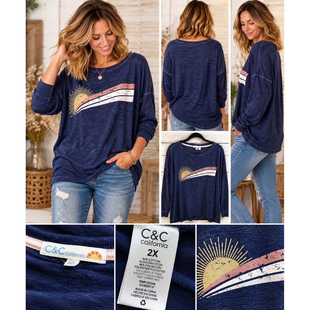 C&C California 2X Navy Retro Sunset Graphic Long Sleeve Top Boho Coastal Casual